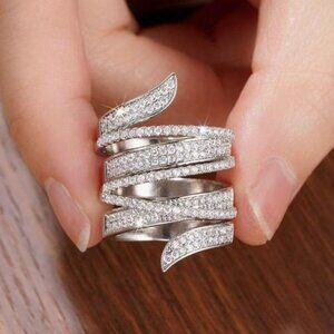 NEW 18k White Gold Diamond Ring Layer Wide Ring Band